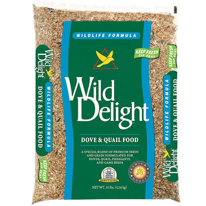 Wild Delight Dove & Quail Food Wild Bird Seed, 10-lb bag, labeled seed mix for attracting doves, quail, and other birds.