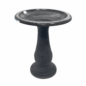Cool Grey Fiber Clay Bird Bath with a pedestal, full-sized basin, and sloping design for easy bird viewing, stands 24 inches tall with 19-inch diameter on a white background.