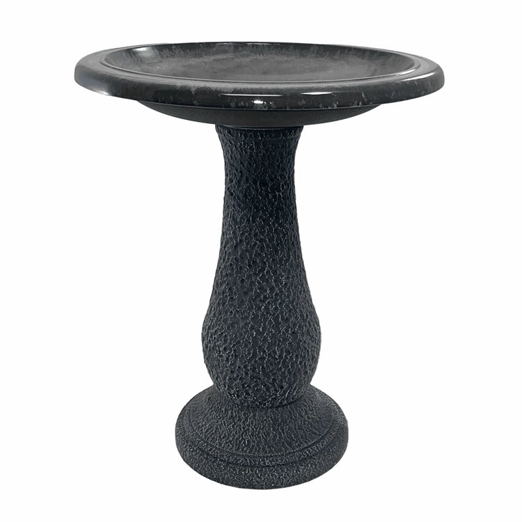 Cool Grey Fiber Clay Bird Bath with a pedestal, full-sized basin, and sloping design for easy bird viewing, stands 24 inches tall with 19-inch diameter on a white background.
