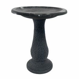 Cool Grey Fiber Clay Bird Bath with a pedestal, full-sized basin, and sloping design for easy bird viewing, stands 24 inches tall with 19-inch diameter on a white background.