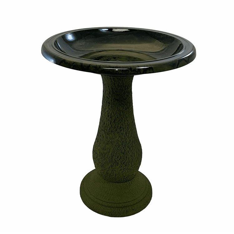 Birds & Beyond Fiber Clay Bird Bath, Hunter Green, featuring a pedestal and a full-sized basin, perfect for garden birdwatching and easy maintenance.