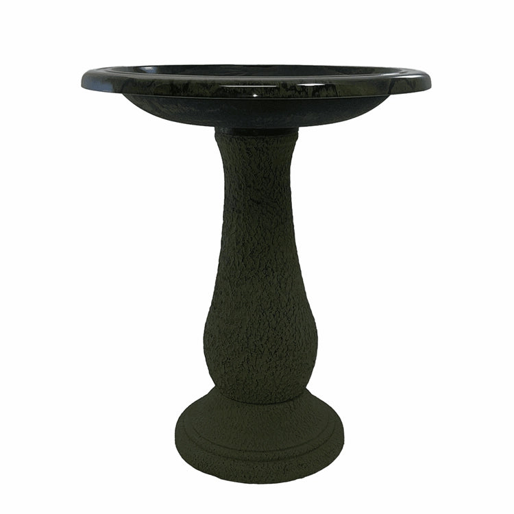 Birds & Beyond Fiber Clay Bird Bath, Hunter Green, featuring a pedestal and a full-sized basin, perfect for garden birdwatching and easy maintenance.