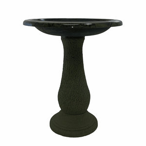 Birds & Beyond Fiber Clay Bird Bath, Hunter Green, featuring a pedestal and a full-sized basin, perfect for garden birdwatching and easy maintenance.