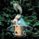 Arundale Mandarin A La Carte bird feeder with a squirrel attempting to access the seeds, showcasing its squirrel-proof design with angled rim and overhanging hood.