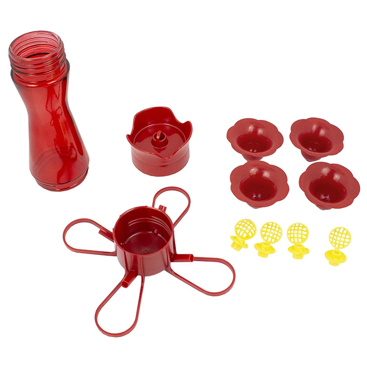 Pinch Waist Hummingbird Feeder disassembled: includes red nectar reservoir, screw-on lid, base with perches, flower-shaped feeding covers, and yellow inserts.