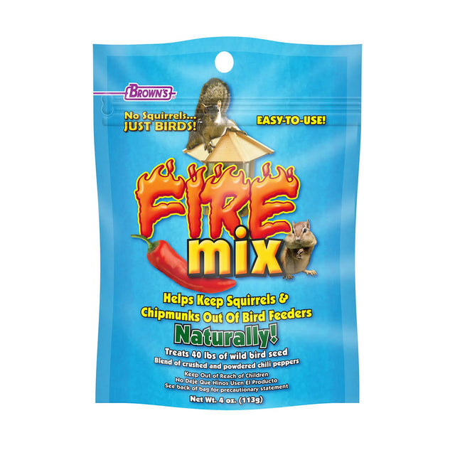 FIRE Mix 4-ounce pouch, a chili pepper powder blend, deters squirrels and chipmunks from bird seed, ensuring birds feed undisturbed. Easy to use.