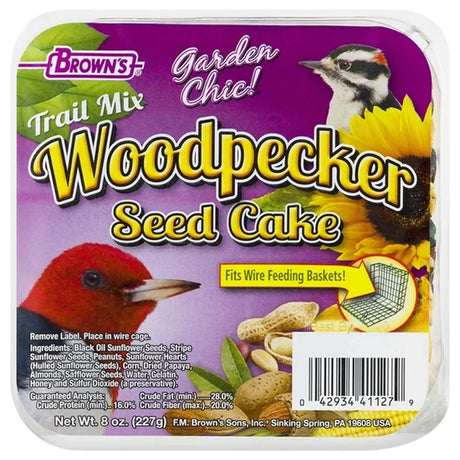 Woodpecker Trail Mix, 8 Seed Cakes: Packaged square seed cake featuring a mix of sunflower seeds, peanuts, and more, designed for wire feeding baskets for birds.