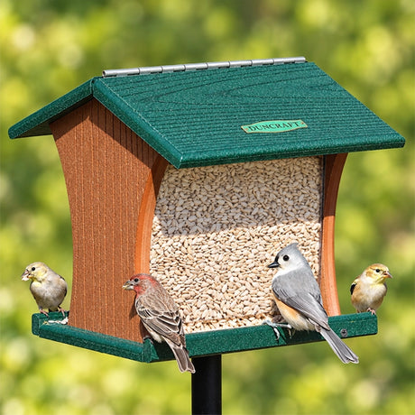 Duncraft Eco-Strong Hopper & Pole with multiple birds feeding, showcasing its roomy perch and durable, handcrafted construction.