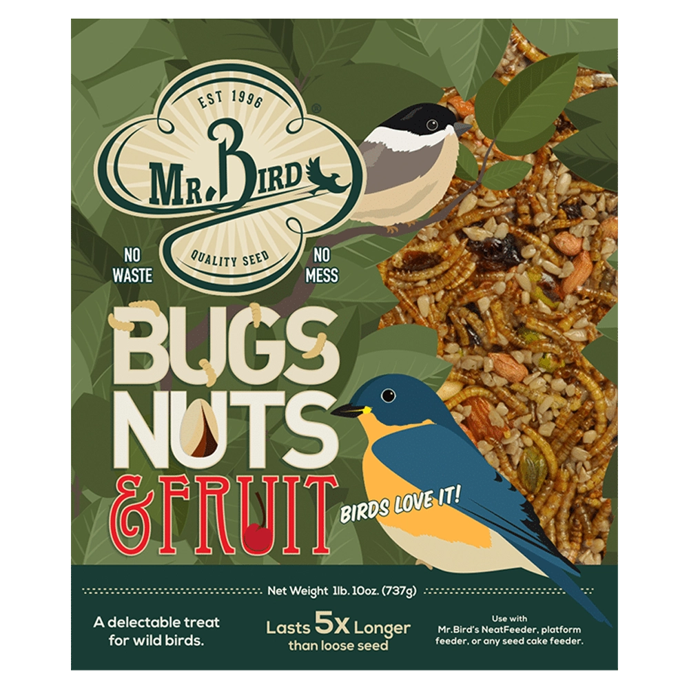 Mr. Bird Bugs Nuts & Fruit bird seed packaging, featuring a green leafy design with illustrations of a chickadee and a bluebird, alongside a close-up of the seed mixture.