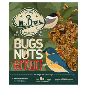 Mr. Bird Bugs Nuts & Fruit bird seed packaging, featuring a green leafy design with illustrations of a chickadee and a bluebird, alongside a close-up of the seed mixture.