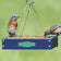 Duncraft Bluebird Platform Feeder with mealworms, showing birds feeding from the blue tray with perforated aluminum bottom and weather-resistant wire cable.