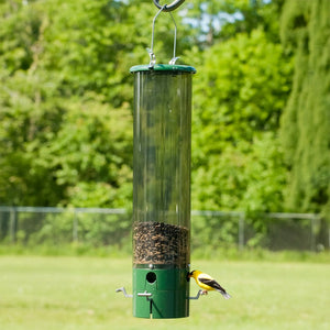 The Bouncer Squirrel-Resistant Tube Bird Feeder with a green top, filled with seeds, hosts a goldfinch. Features weight-sensitive perches to deter squirrels.