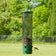 The Bouncer Squirrel-Resistant Tube Bird Feeder with a green top, filled with seeds, hosts a goldfinch. Features weight-sensitive perches to deter squirrels.