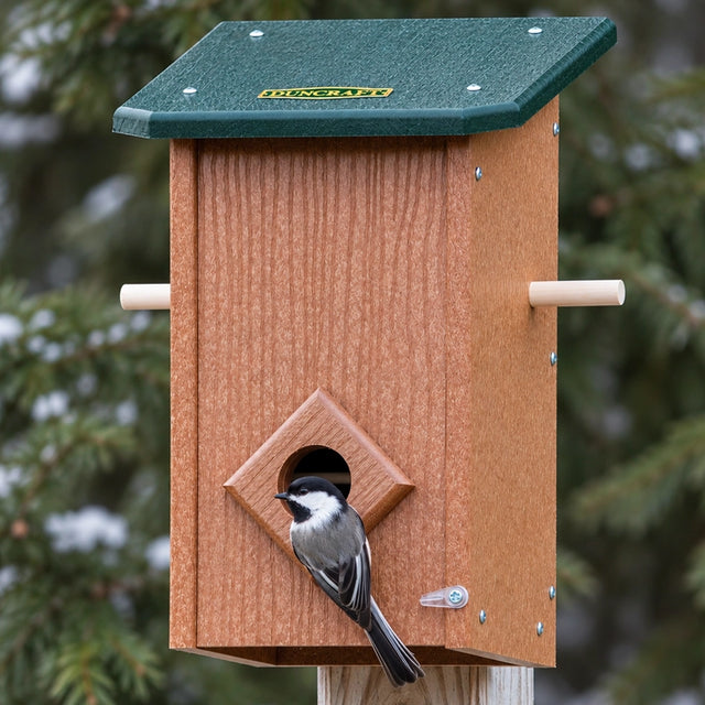 Duncraft Winter Roost with Lookout Perches mounted on a post, with a black-capped chickadee perched at the entrance, surrounded by blurred foliage.