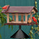 Duncraft Covered Bridge Feeder with Pole, Twister & Baffle, featuring birds feeding from all sides of the platform with built-in perches and drainage with Cardinals and other birds eating. 