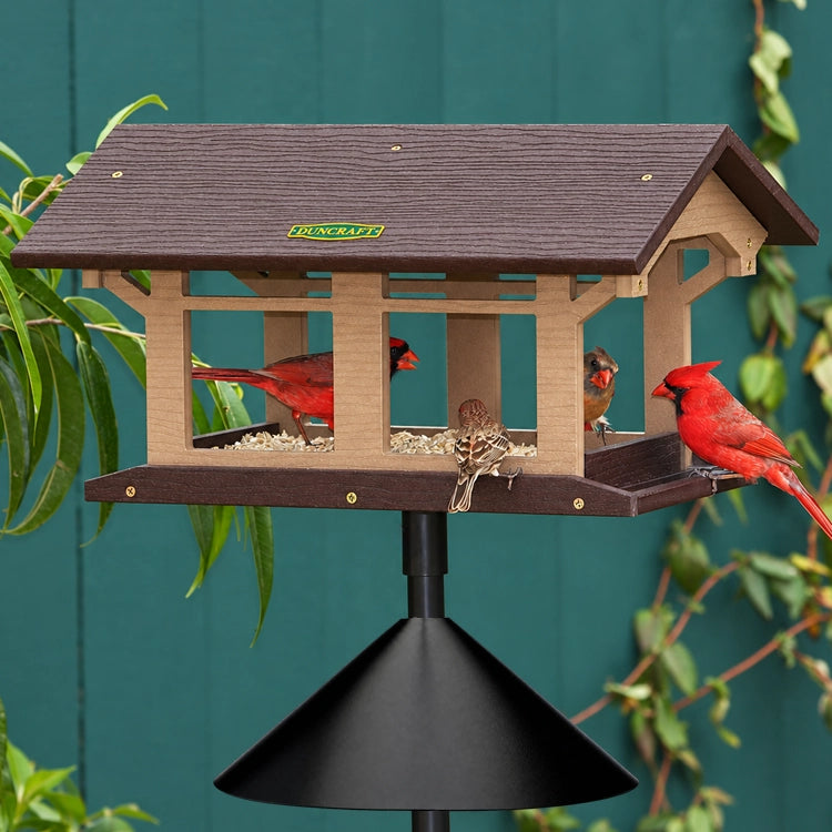 Duncraft Covered Bridge Feeder with Pole, Twister & Baffle, featuring birds feeding from all sides of the platform with built-in perches and drainage with Cardinals and other birds eating. 