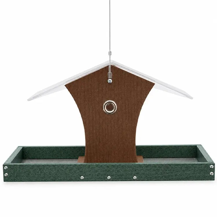 Hopper bird feeder side view with a platform bird feeder on a white background. 