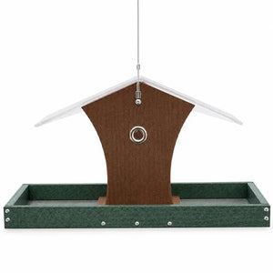 Hopper bird feeder side view with a platform bird feeder on a white background. 