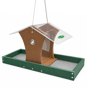 Hopper bird feeder with green platform base on a white background