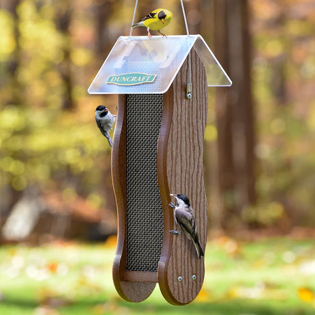 Duncraft Wave Mesh Nyjer® Feeder with two chickadees and a goldfinch, featuring mesh sides, a clear roof, and room for more birds.
