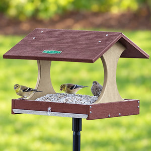 Duncraft Birdwatcher's Platform Feeder with Pole, featuring birds feeding on a wide platform. Includes sectional pole and mesh drainage for easy cleaning.