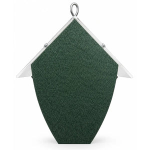 Rear view of the suet feeder showing its solid green backing, tapered base, clear roof, and hanging loop.