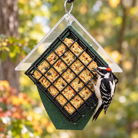 Downy woodpecker clinging to a green suet feeder filled with a seed suet cake beneath a clear roof.