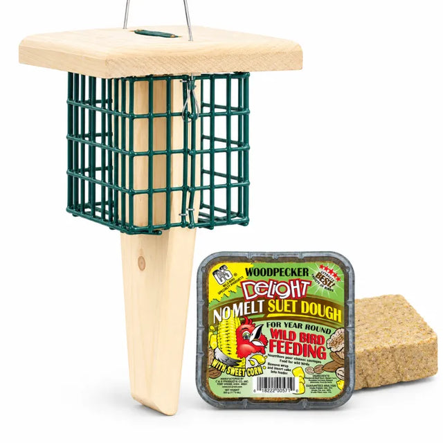 Duncraft Tail Prop Double Suet Feeder with two Woodpecker Delight Suet Cakes on a white background.