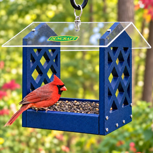 Duncraft Arbor Landing Platform Bird Feeder in blue with a chickadee and tufted titmouse enjoying bird seed in a colorful autumn garden.
