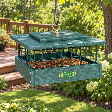 Green Duncraft covered mealworm feeder with wire sides, filled with dried mealworms and hanging in a sunny garden.
