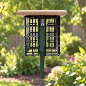 Side view of Duncraft recycled plastic suet feeder showing two black wire suet cages, green tail prop and tan roof.