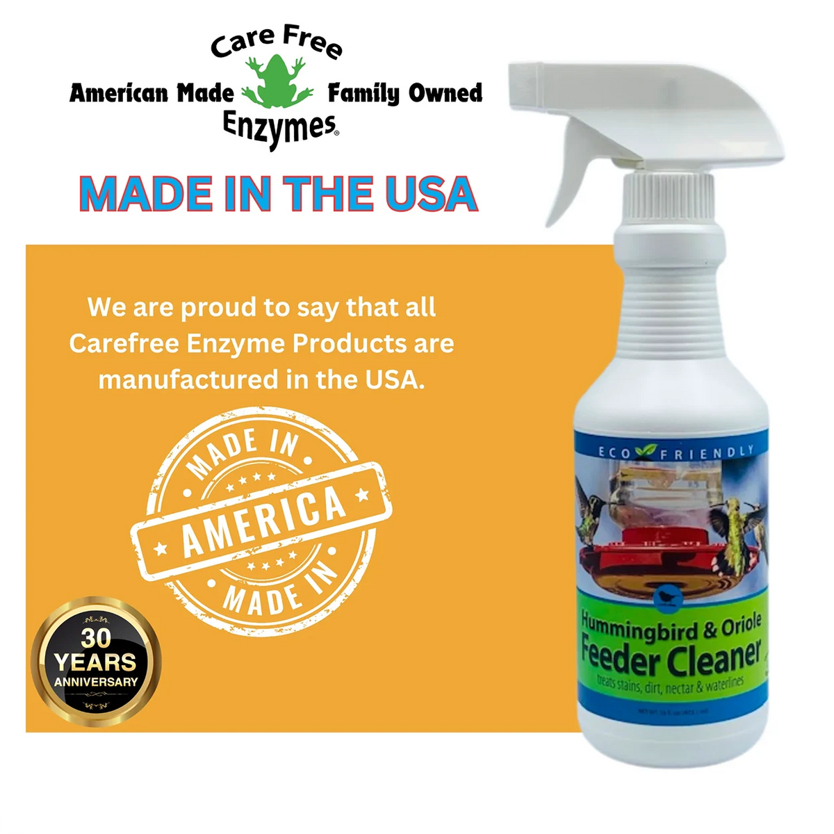 Hummingbird & Oriole Feeder Cleaner Spray: Eco-friendly, enzyme-based cleaner effectively removes stains and waterline rings, ensuring hygienic bird feeders. Made in USA, 16 oz bottle.