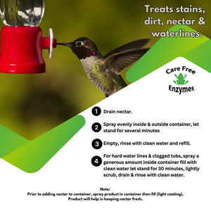 Hummingbird & Oriole Feeder Cleaner Spray instruction sheet showing a hummingbird at a feeder, cleaning steps, and a product description emphasizing its enzyme-based, residue-free cleaning benefits.
