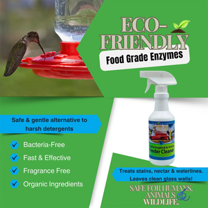 Hummingbird & Oriole Feeder Cleaner Spray, eco-friendly enzyme formula, eliminates bacteria, stains, and scum lines; safe for feeders, humans, and wildlife.