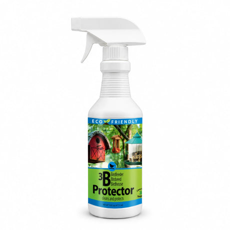 3B Protection Spray, 16 oz., eco-friendly cleaner for bird feeders and houses, features a white trigger sprayer and a green label with feeder images.