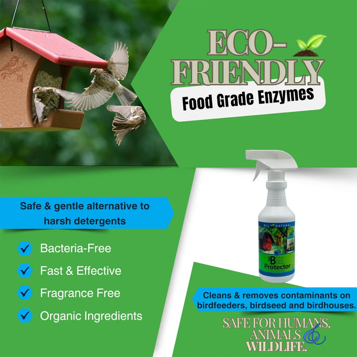 3B Protection Spray, 16 oz. bottle, eco-friendly enzyme cleaner for birdhouses and feeders; safe, non-toxic, organic, effectively removes mites, mold, and contaminants.