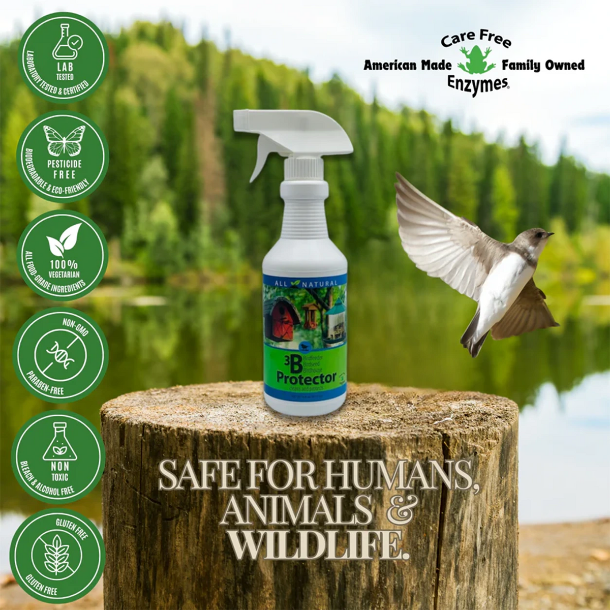 3B Protection Spray, 16 oz., on a tree stump in nature, with icons highlighting its eco-friendly, non-toxic, wildlife-safe features and a bird flying nearby.