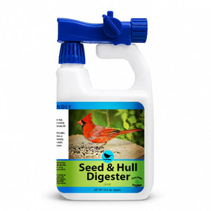 32-ounce Seed & Hull Digester spray bottle with cardinal label and blue trigger, designed to clean bird feeding areas using natural enzymes.