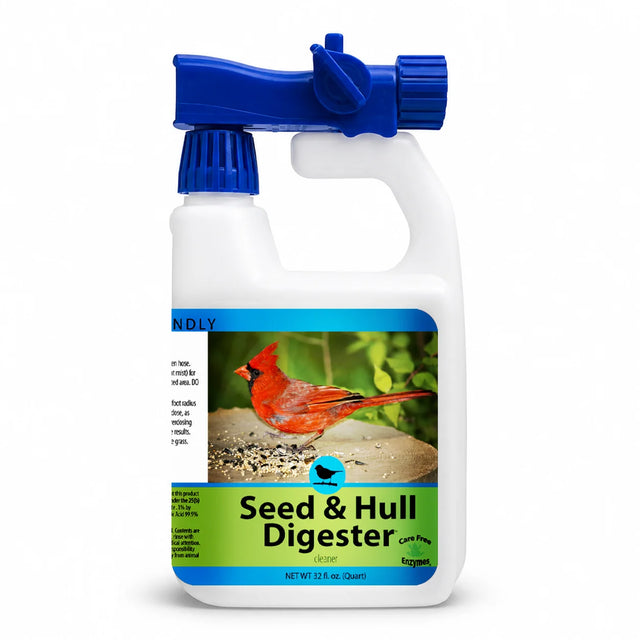 32-ounce Seed & Hull Digester spray bottle with cardinal label and blue trigger, designed to clean bird feeding areas using natural enzymes.