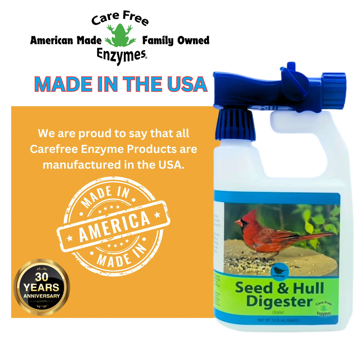 Care Free Enzymes’ Seed & Hull Digester spray, 32 oz. bottle, features a cardinal. Promotes clean, healthy bird feeding areas; made in the USA.