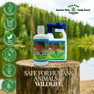 Two white bottles labeled Seed & Hull Digester on a tree stump, surrounded by eco-friendly icons, promoting a safe, all-natural bird feeder cleaning solution.