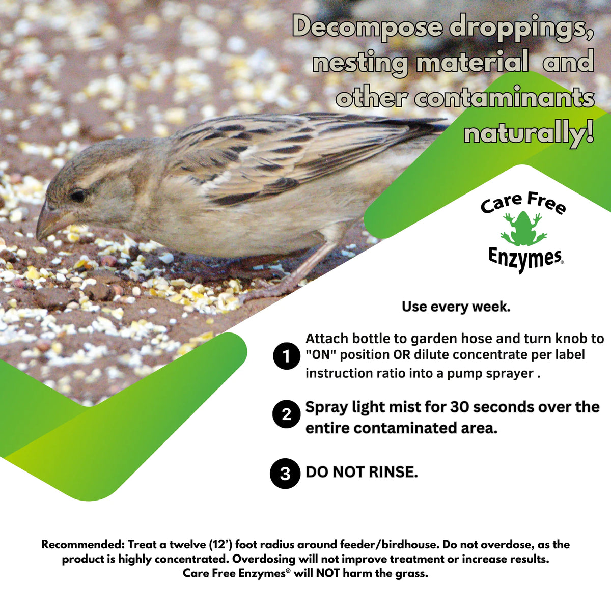 Seed & Hull Digester flyer showing usage instructions with a sparrow near seed. Enzymatic spray decomposes droppings and contaminants, ensuring clean, healthy bird feeding areas. 32 oz, USA-made.