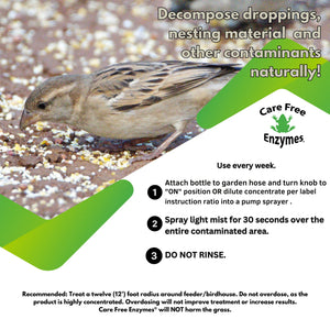 Seed & Hull Digester flyer showing usage instructions with a sparrow near seed. Enzymatic spray decomposes droppings and contaminants, ensuring clean, healthy bird feeding areas. 32 oz, USA-made.
