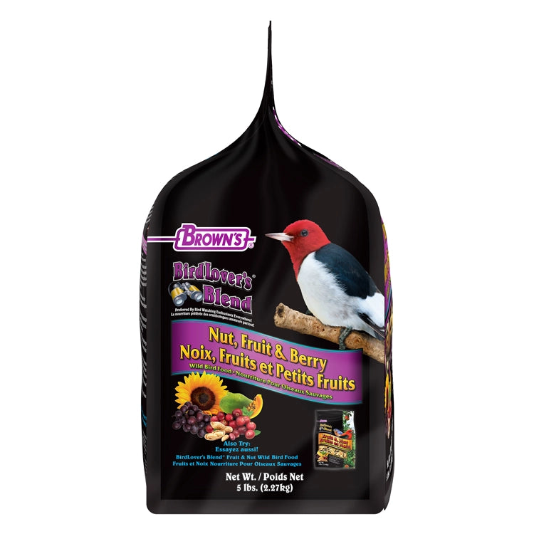 Side view of Brown’s Nut, Fruit & Berry Wild Bird Food 5 lb. bag featuring a red-headed songbird.