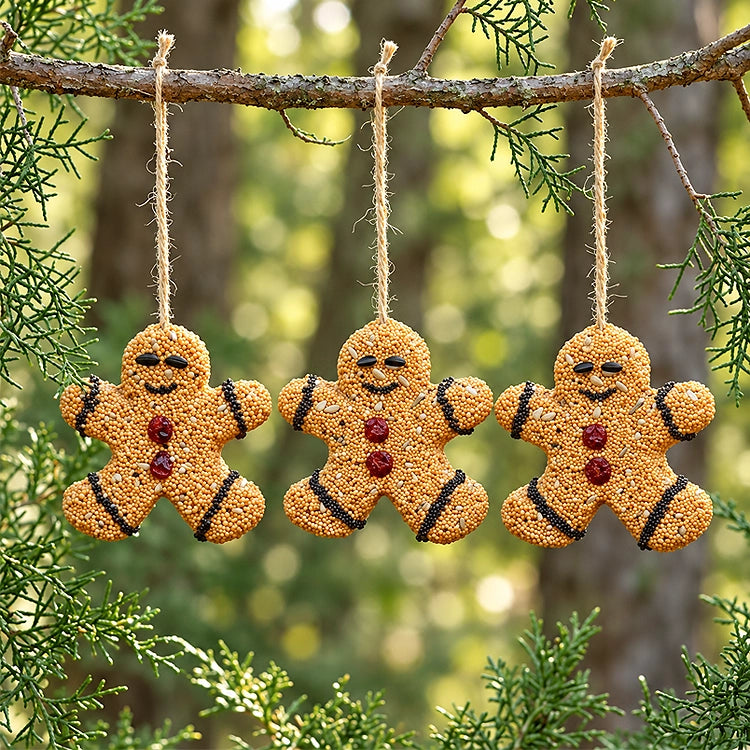 Gingerbread Men Bird Seed Treats, set of 3, hanging from a tree, made entirely of seeds, designed to attract various birds to your yard.