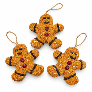 Gingerbread Men Bird Seed Treats, set of 3, featuring close-up of three gingerbread men-shaped ornaments made of edible bird seed with natural jute hangers.