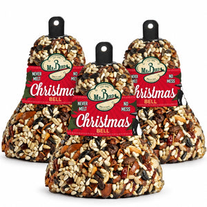 Three Mr. Bird Christmas Fruit & Nut Seed Bells with red and green labels on a white background.