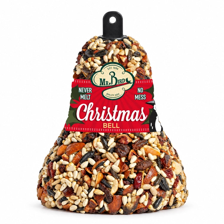 Mr. Bird Christmas Fruit & Nut Seed Bell with a red and green label on a white background.