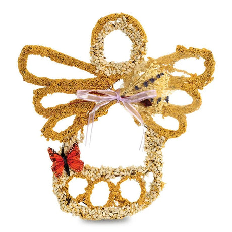 Gingerbread Men, Set of 3 (Copy), decorative bird treat shaped like a basket, made of millet sprays, sunflower seeds, and adorned with a faux butterfly and ribbon.