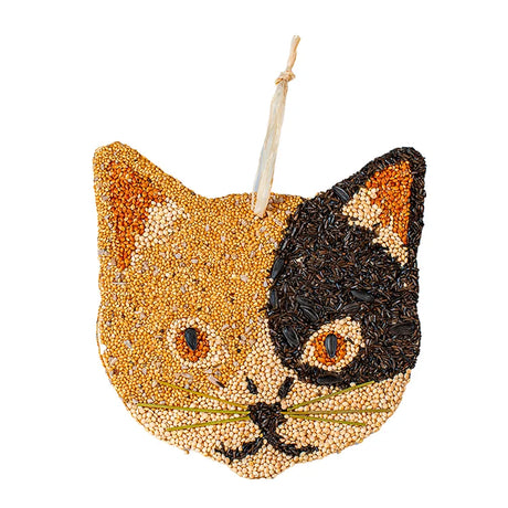 Cat Cookies, 3 to Choose From: Cat-head–shaped seed cake with bird seeds and twine hanger, designed as a decorative bird feeder.